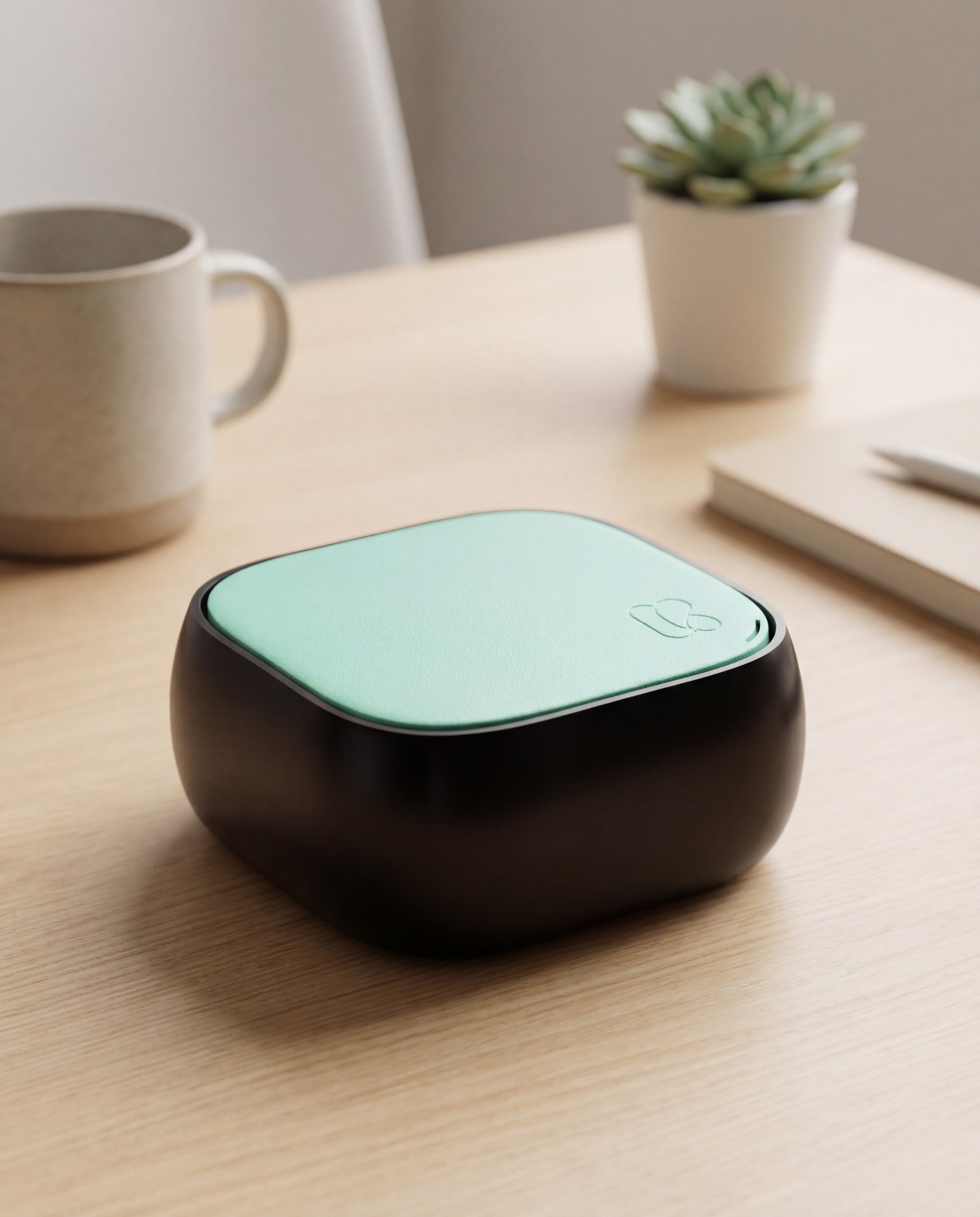 Kora Pocket case on a wood desk, K-logo etched into the lid