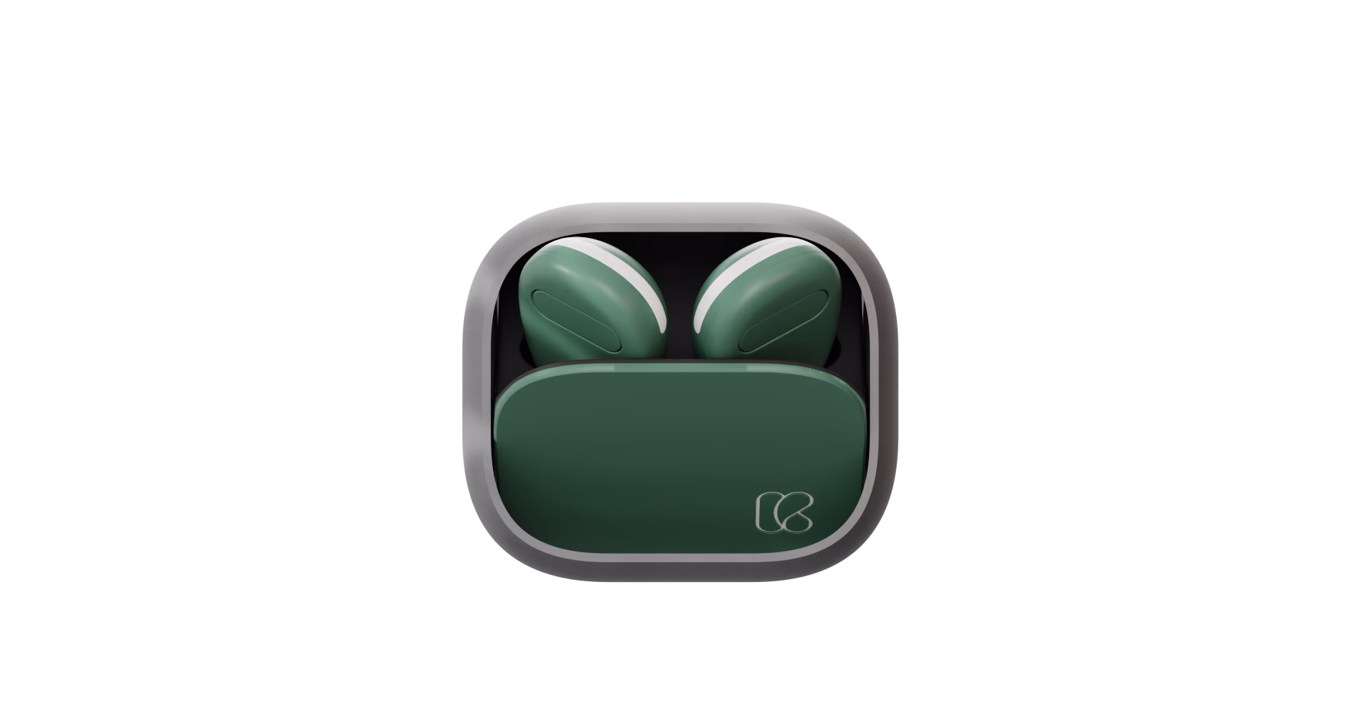 Kora Pocket’s two tactile buds resting in their charging case, shown in the intended production design